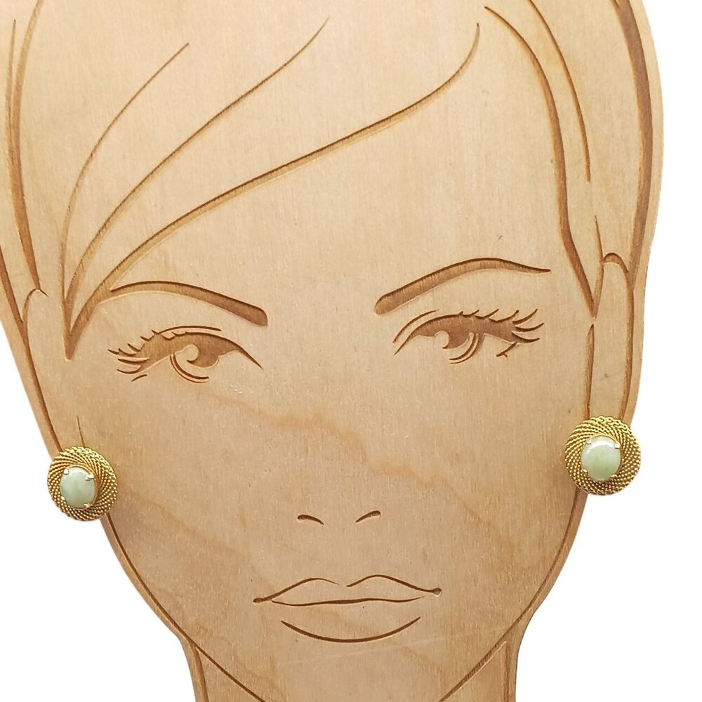 Vintage Gold Tone Clip-On Earrings with Jade Stone & Mesh Design
